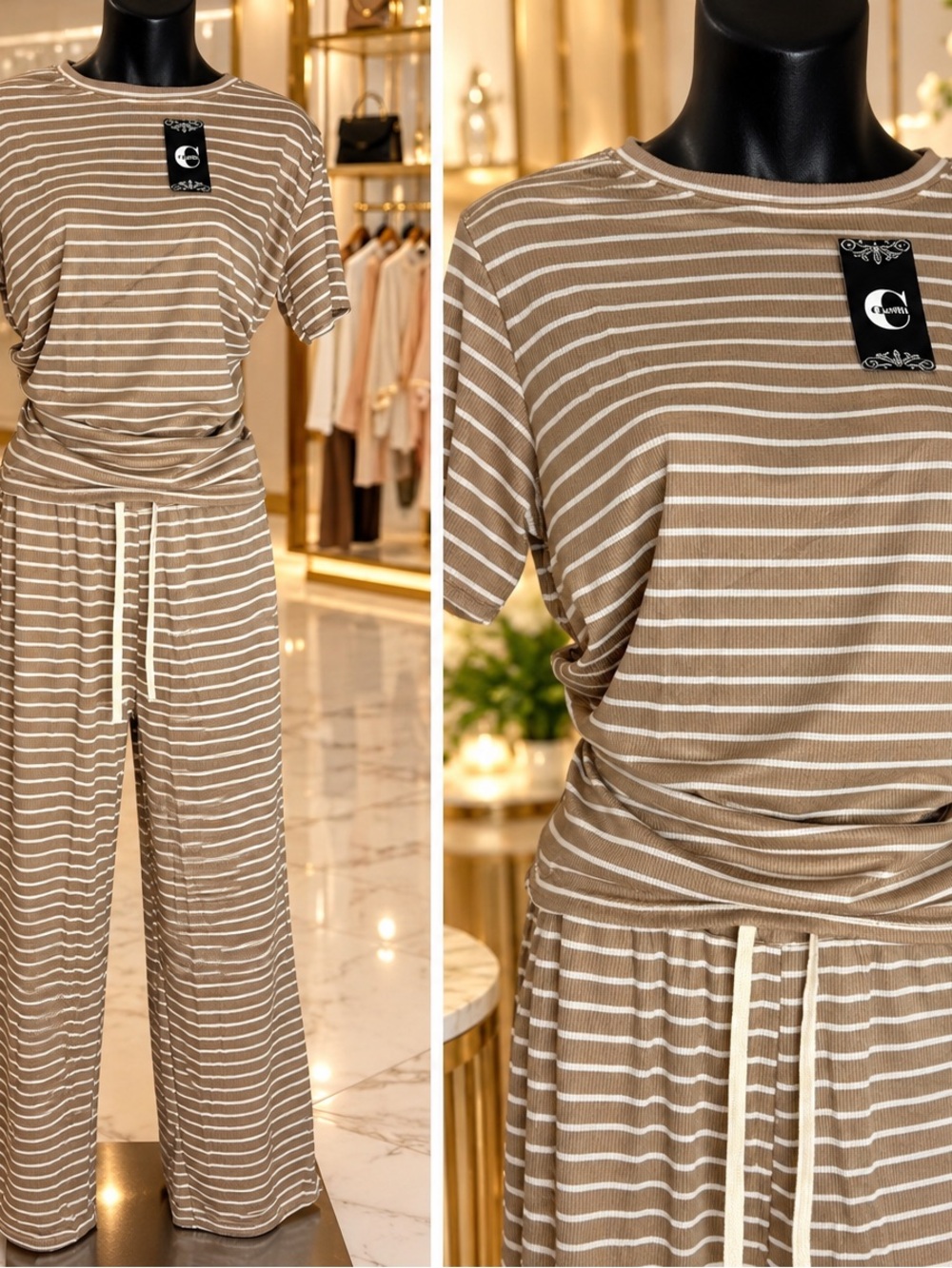 Striped beige Wide-Leg pants with pockets